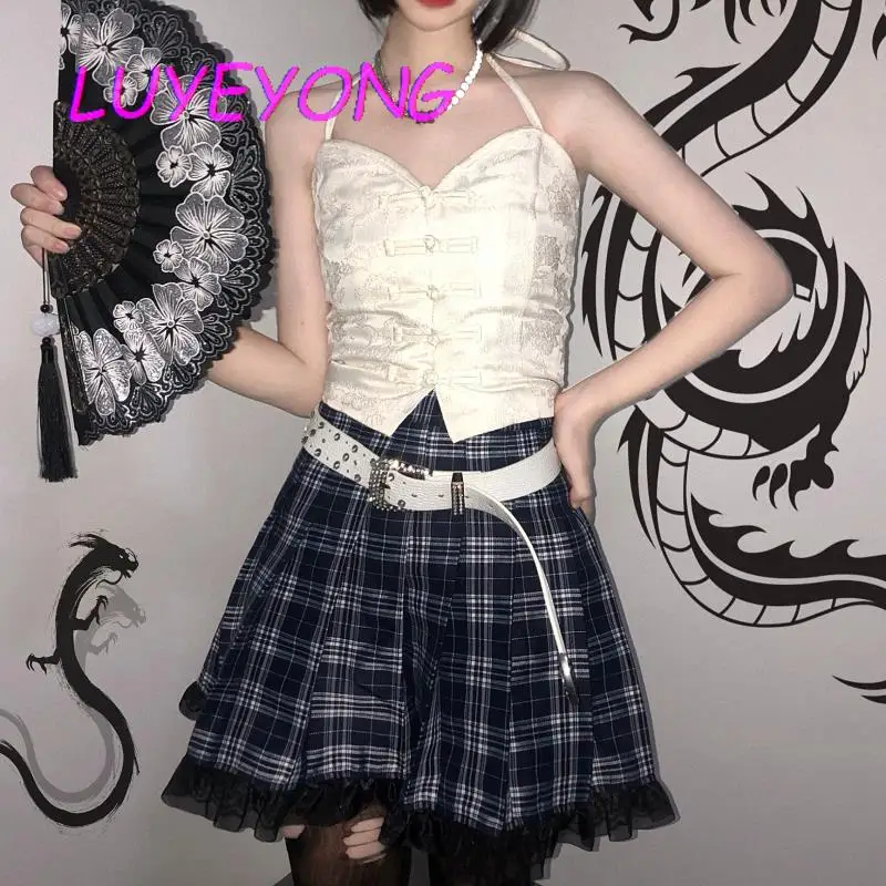 

Japanese JK Skirt Harajuku Lady Lace Patch Plaid Sexy Empire Midi Skirts Black Gothic Women Pleated A-line Mini Lining Cloth