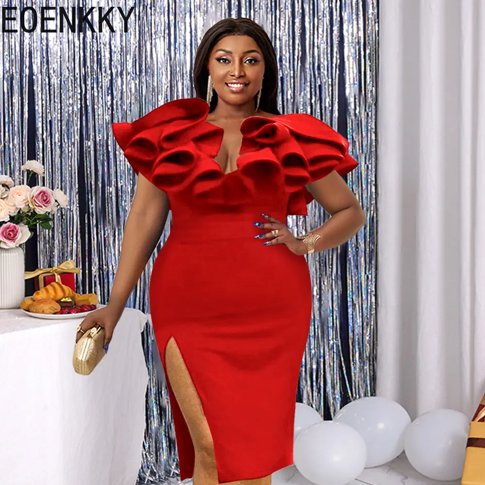 

EOENKKY Plus Size Lotus V-neck Dress Celebrant's Birthday Party with Side Slit Exotic Apparel Wholesale Dropshiping Customize