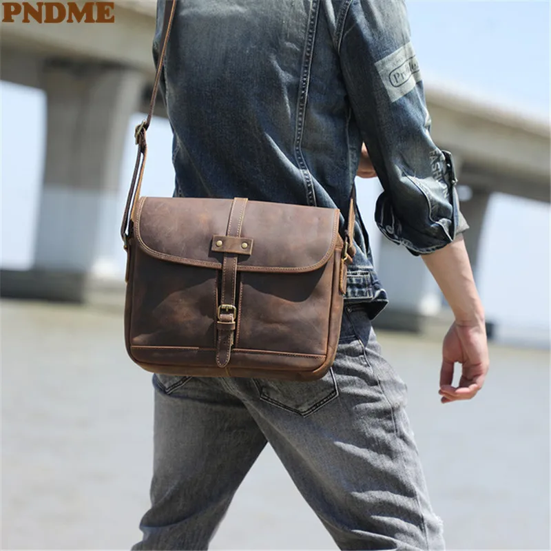 Vintage crazy horse cowhide men's messenger bag designer high-quality natural genuine leather designer daily work shoulder bag