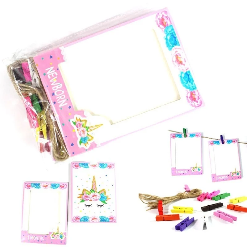 

13Pcs Pink One-horned horse Baby One Year Old Photo Clip Banner for First Birthday 12 month Growth Record Pull Flag baby shower