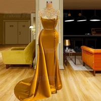 vintage evening gown for woman formal slit prom dresses high collor with applique beading custom plus size sweep train 2022 new