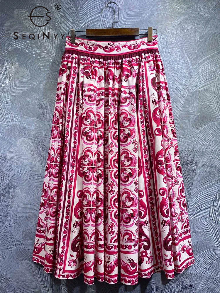 

Женская хлопковая юбка SEQINYY, подиумная винтажная повседневная юбка из 100% хлопка с красным цветочным принтом Сицилия, лето-весна