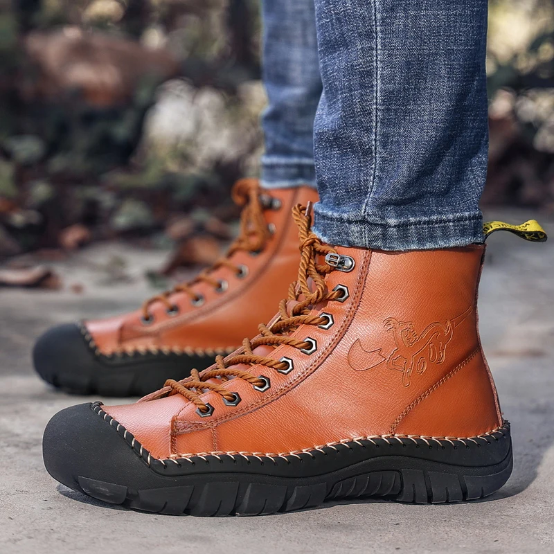 HIKEUP Outdoor Walking Boots High-top Mountain Hiking Men's Shoes Big Bag Head Outdoor Martin Boots Two Layers of Cowhide