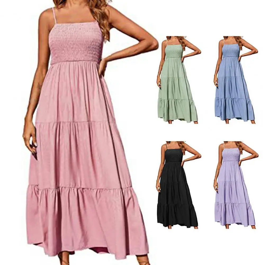 

Lady Dress Solid Color Spaghetti Strap Elastic Elegant Girl Dress for Daily Wear