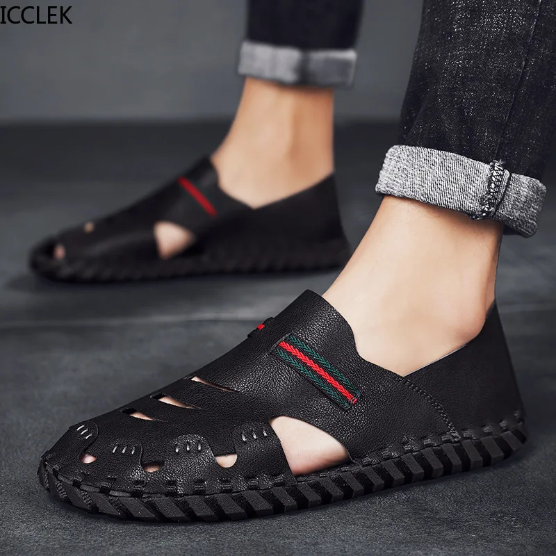 

Roman Sandals Men's Summer Trend Hollow Casual Leather Shoes Men's Wild Korean Version Soft Bottom Breathable Driving BeachShoes