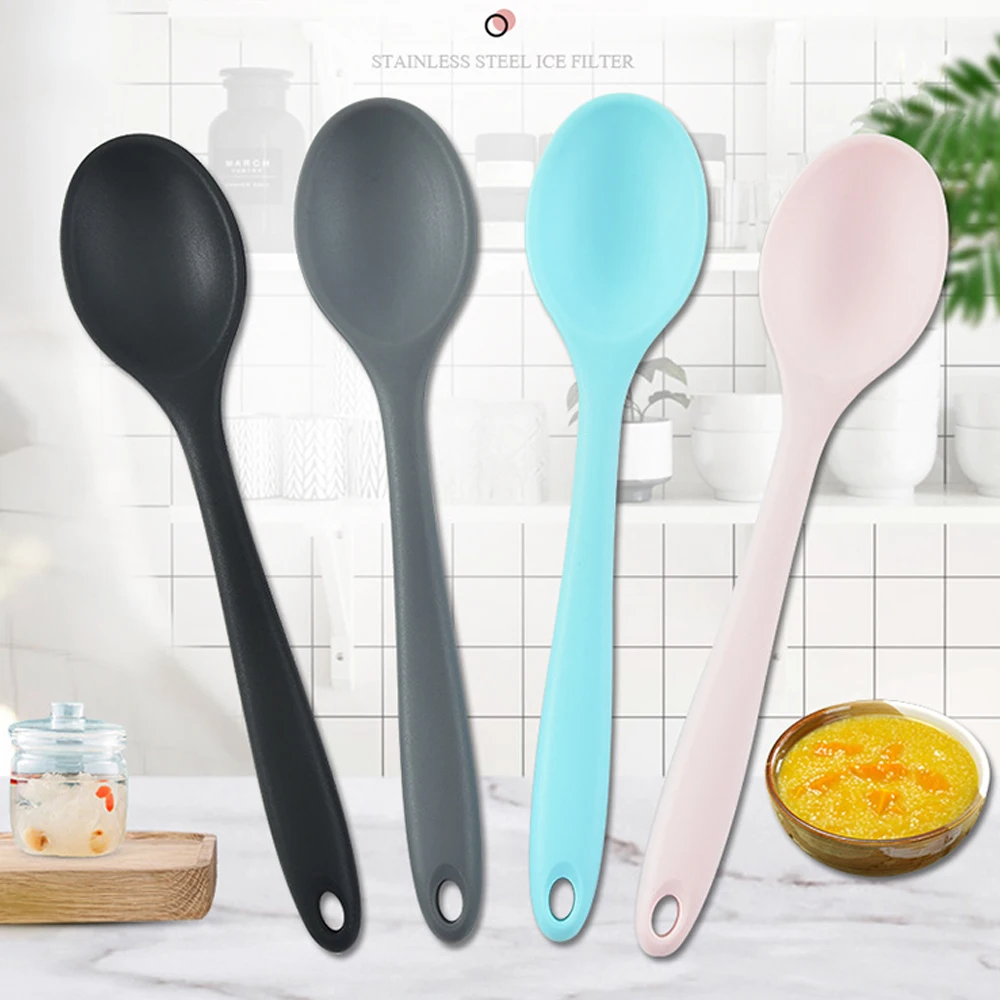 

Food Grade Silicone Long-Handled Soup Spoon Tableware Solid Color Spoon Kitchen Silicone Spoon Flatware Utensils Accessories