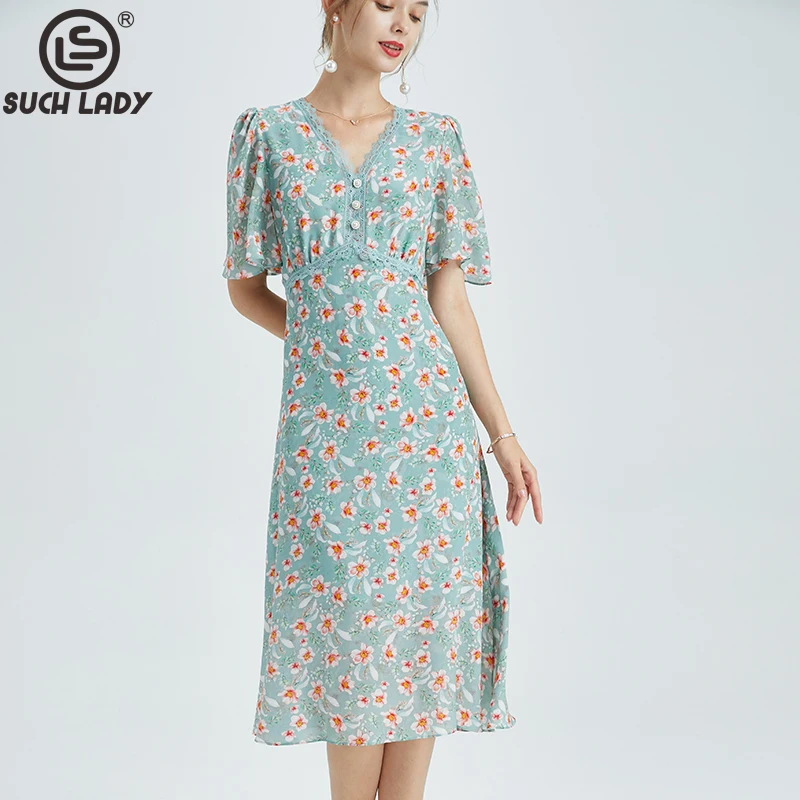 

Женское платье из натурального шелка, дизайнерское кружевное платье средней длины с V-образным вырезом и короткими рукавами, 100%