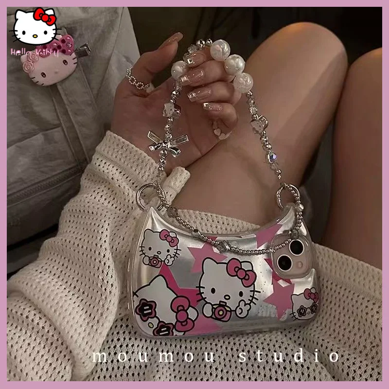 

Sanrio Kittys Iphone14 12 13 11Promax Kawaii Phone Case Cartoon Kt Cat Anime Y2K Colorful Diamond Sticker Bag Charm Chain Gift