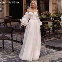 boho puffy sleeves a line wedding dresses 2022 for women off the shoulder lace appliques beach bridal gowns vestidos de novia