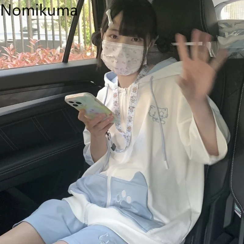 Фото Толстовки с капюшоном и кошачьими ушками, пальто, женская одежда, толстовки на молнии с короткими рукавами, топы Y2k, 2021, Ropa Mujer, повседневная шикарная летняя толстовка №1