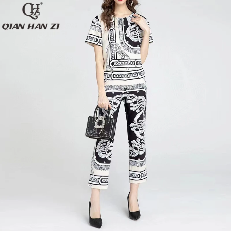 Qian Han Zi Designer Fashion Summer 2 Piece Set for women short sleeve tops and vintage pattern printing trousers suit set