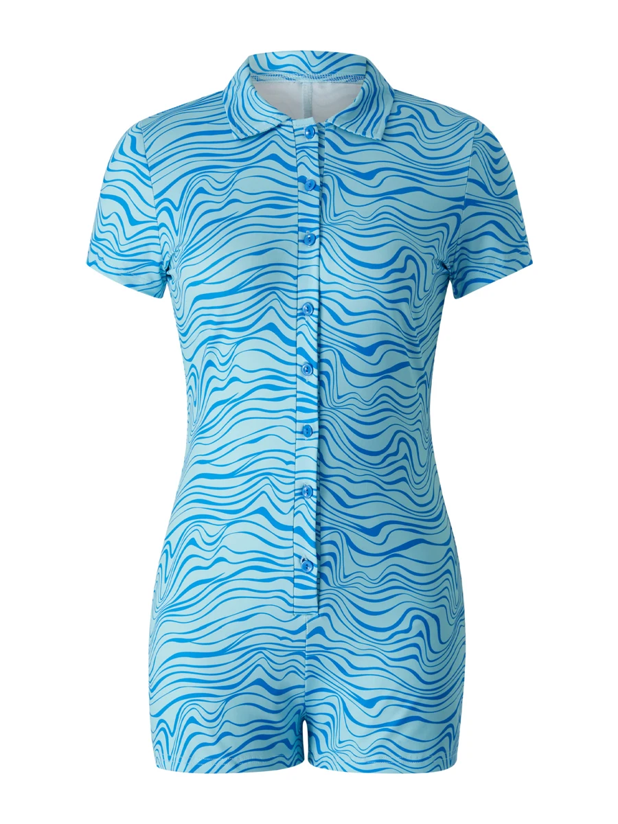 

Women Graphic Print Jumpsuit Short Sleeve Button Bodysuits Bodycon Romper Overalls Shorts Playsuit