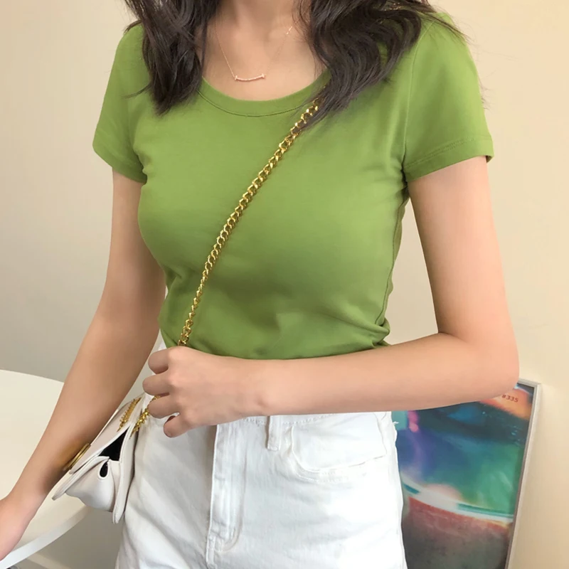 Женская футболка с коротким рукавом и круглым вырезом облегающий универсальный