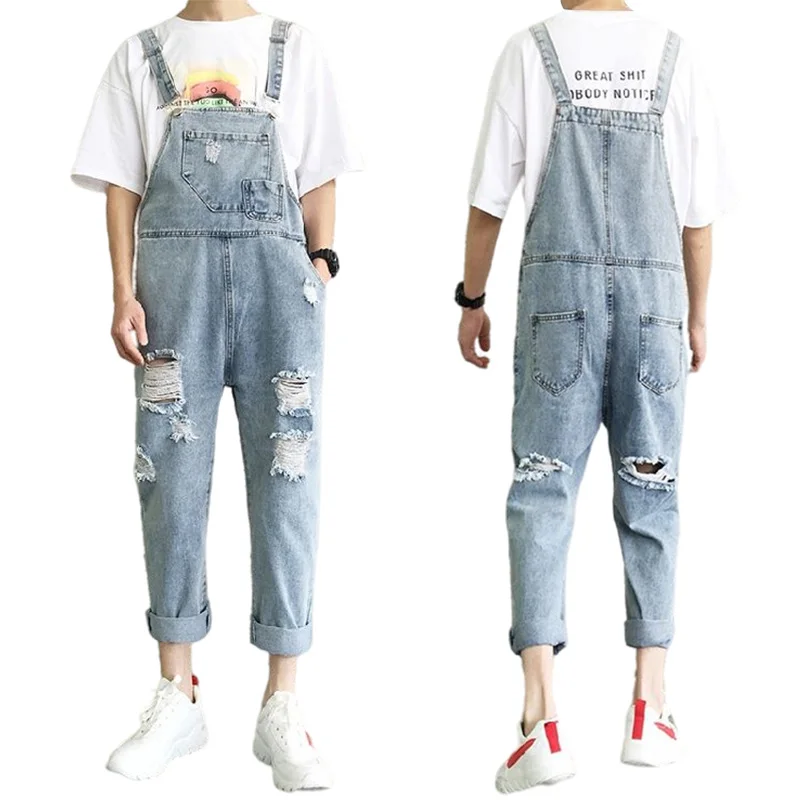 Men's Suspenders Jumpsuit Summer Fashion Loose Denim Overalls Man Straight Hole Nine Point Pants Male Clothing Plus Size S-3Xl