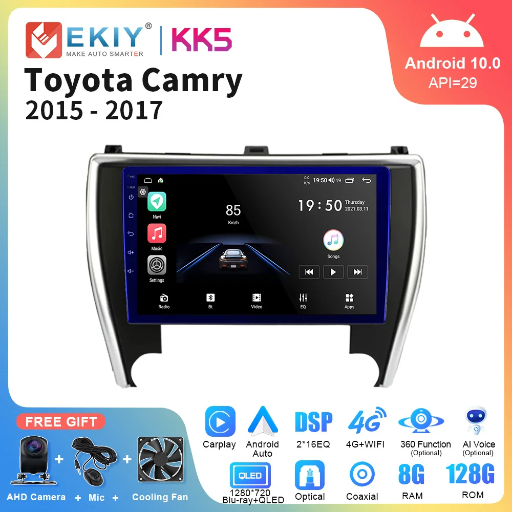 EKIY KK5 QLED Android Автомагнитола для Toyota Camry US Edition 2015 - 2017 AI голосовой мультимедийный