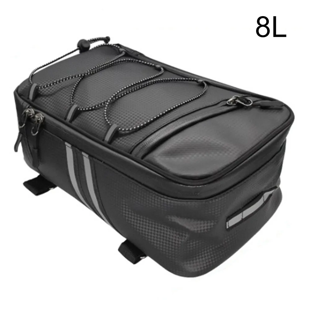 

Bike Trunk Bag, 8L Waterproof Pannier, Durable PU Material, Secure Reflective Straps, Adjustable Elastic Cords