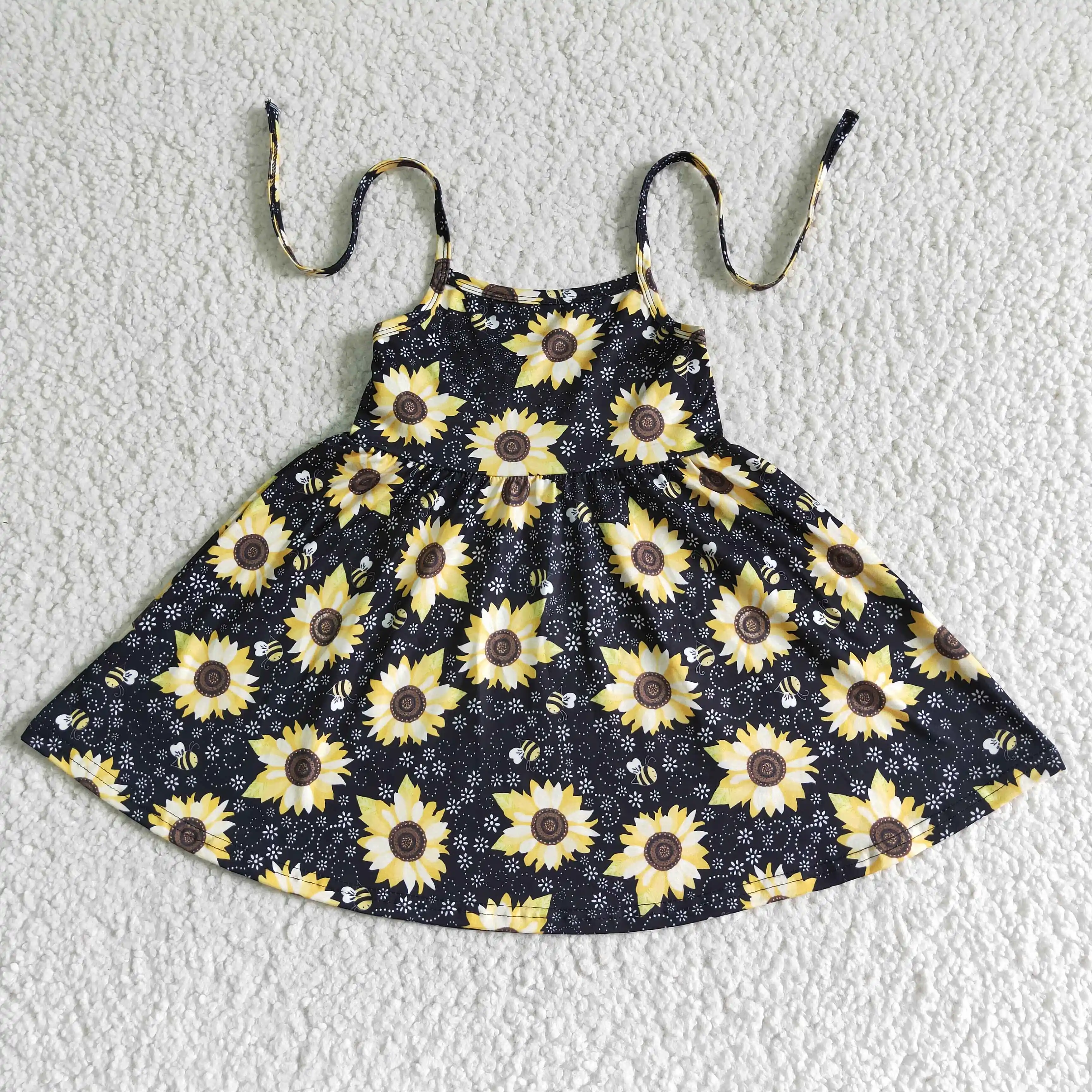 

Summer clothes flower girls' dresses straps sunflower black boutique girl's dress hot selling baby girl clothes RTS NO MOQ