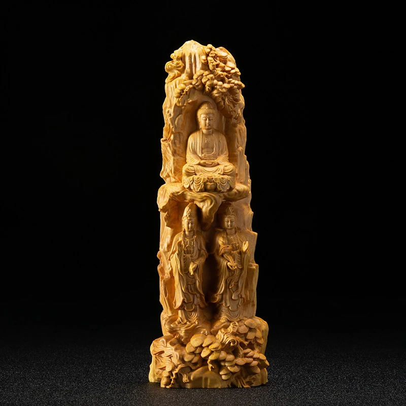 

Буддийская скульптура 23 см из самшита, резьба по дереву в западном стиле тройных святых, Декор для дома