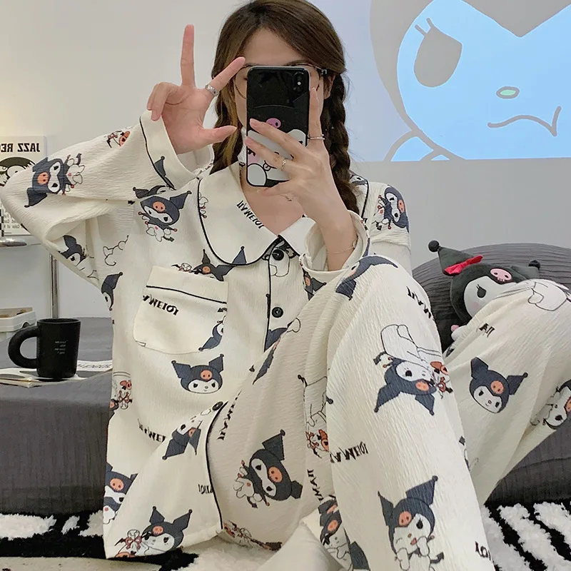 

Новинка весна-осень 2023, Женский пижамный комплект Sanrio Kawaii Anime Kuromi, кардиган, пижамы, милая мультяшная домашняя одежда для девочек
