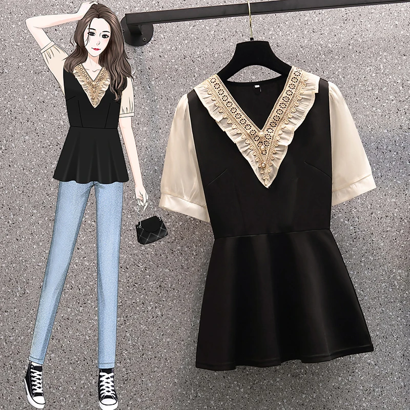 EHQAXIN New Ladies Tops Casual Summer Korean Version Loose V-Neck Lace Stitching Pullover Button Top For Womens L-4XL