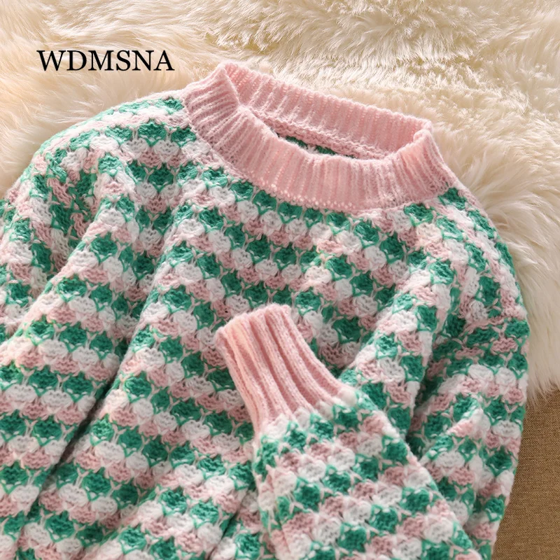 

Модный свитер WDMSNA в Корейском стиле с круглым вырезом, женский свободный жаккардовый пуловер в ленивом стиле, женская верхняя одежда контра...