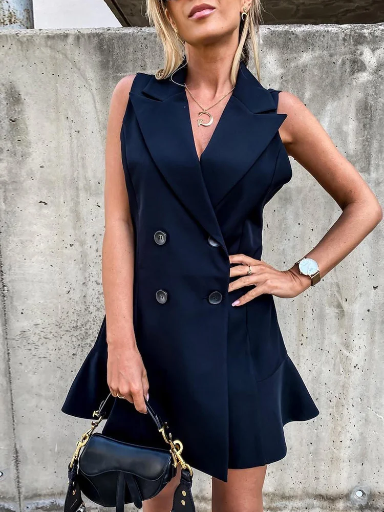

Summer Office Lady Slim Sleeveless Solid Dress Women Summer Patchwork V Neck Button Dress Outdoor Mini Ruffles Black Party Dress