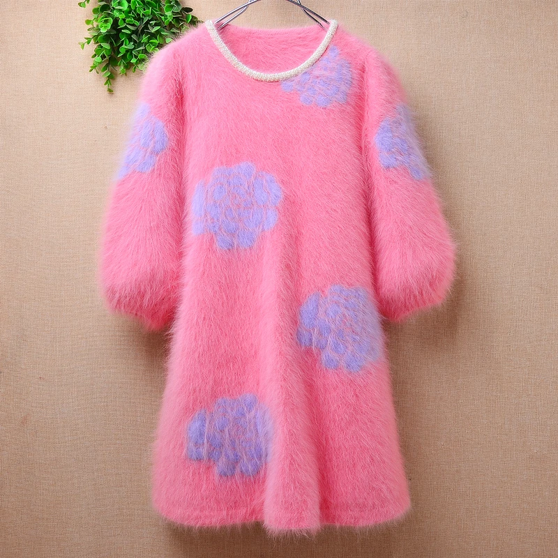 Женская весенне-зимняя одежда розовые цветочные норковые кашемировые вязаные