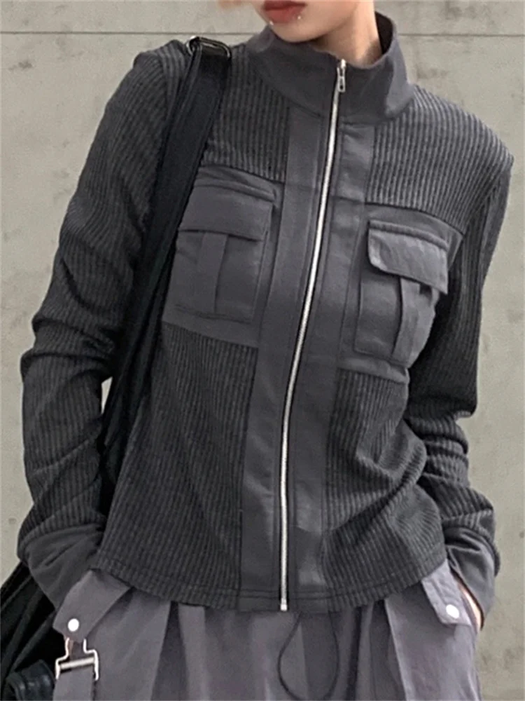 

YIKUO Pockets Patchwork Retro Jacket Harajuku Vintage Streetwear Y2K Streetwear Overall Coats Long Sleeves Zipper Casual Outfits