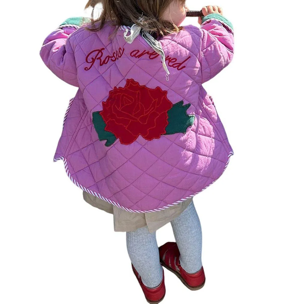 Стеганая куртка с длинным рукавом и цветочной вышивкой карманами