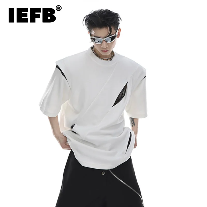 

IEFB Summer Men Short Sleeve T-shirt Male Top Niche Design New Round Collar Shoulder Pad Splicing 2023 High Street Trend 9A8641