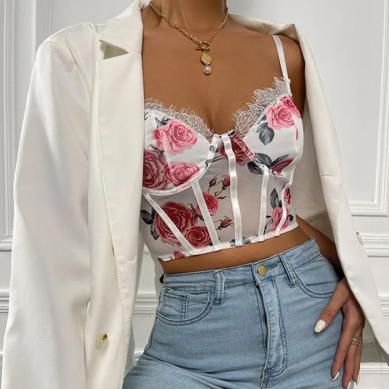 

French Floral Crop Tank Tops Vintage Women Print Ruffled Camis Summer Vacation Beach Party Y2K Clothes Slim Street Club Wear