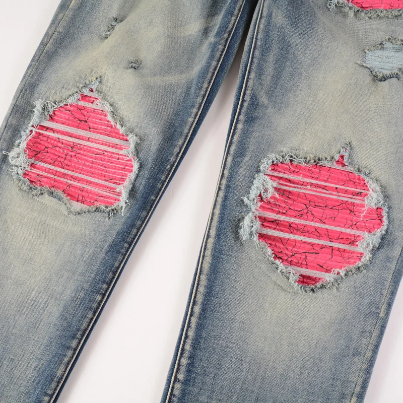 Street Style Fashion Men Jeans Retro Blue Stretch Slim Fit Hole Ripped Jeans Men Patch Designer Brand Hip Hop Denim Pants Hombre