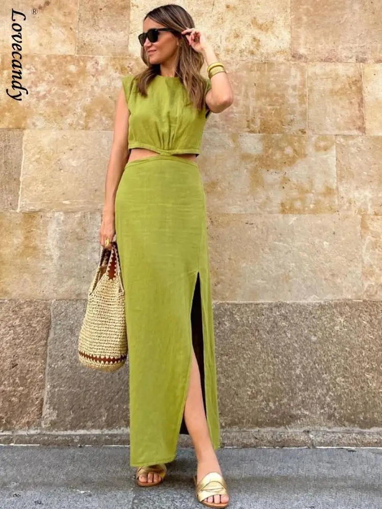 

Женское ажурное платье с разрезом, Элегантное летнее платье без рукавов с круглым вырезом, модель 2023 года, женская уличная одежда