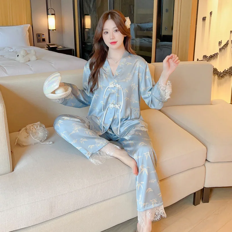 2023 Spring and Autumn New Pajamas Women's Ice Silk Buckle Bamboo Leaf Trousers Long Sleeve Homewear Suit Women's Pajamas