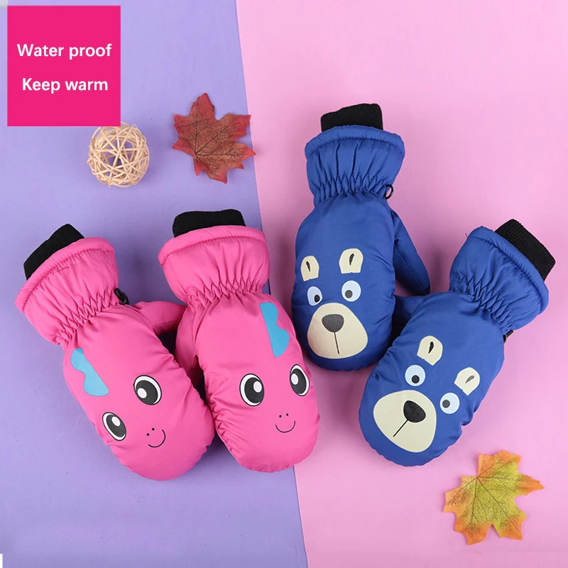 

2-6 Years Old Winter Children's Mittens Three-layer Thick Velvet Warm Windproof Waterproof Cute Cartoon Gloves Riding Ski Gloves