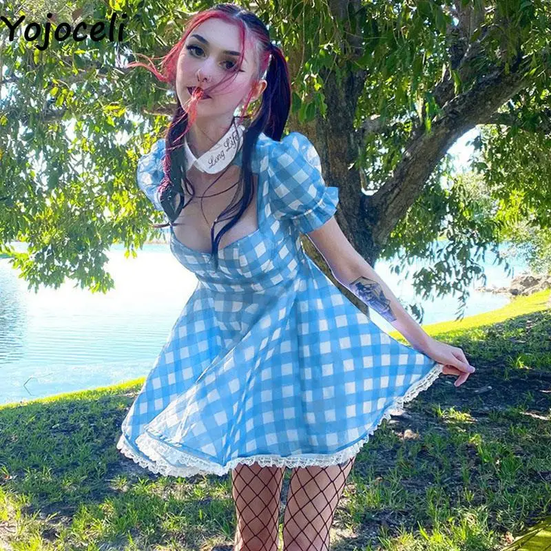 

Yojoceli Sexy plaid women short dress Summer elegant party club dress Casual sweet female ruffle lace dress vestidos