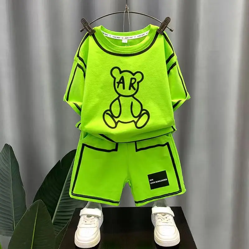 Boys Summer Set 2023 New Children's Korean Short Sleeve T-shirt+Shorts Two Piece Set 2-9T Boys  Baby Cartoon Casual Sportswear