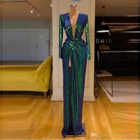 vintage deep v neck long sleeve evening dress classic sequin draped prom dress thigh high slits vestidos de fiesta