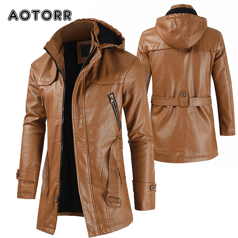 Mens PU Leather Jackets Long Windproof Hooded Overcoats Autumn Winter Men Trend Slim Jacket Casual Solid Color Belted Coats 4XL