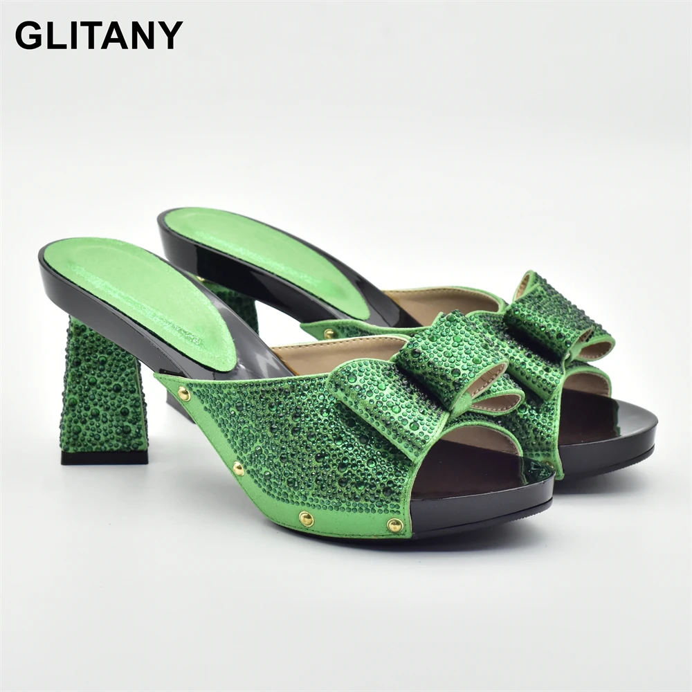 

Новейшие зеленые Африканские туфли, женские сланцы, Летний стиль, яркие цвета с тапками для женщин, свадебная обувь, обувь для вечеринок, нигерийская обувь