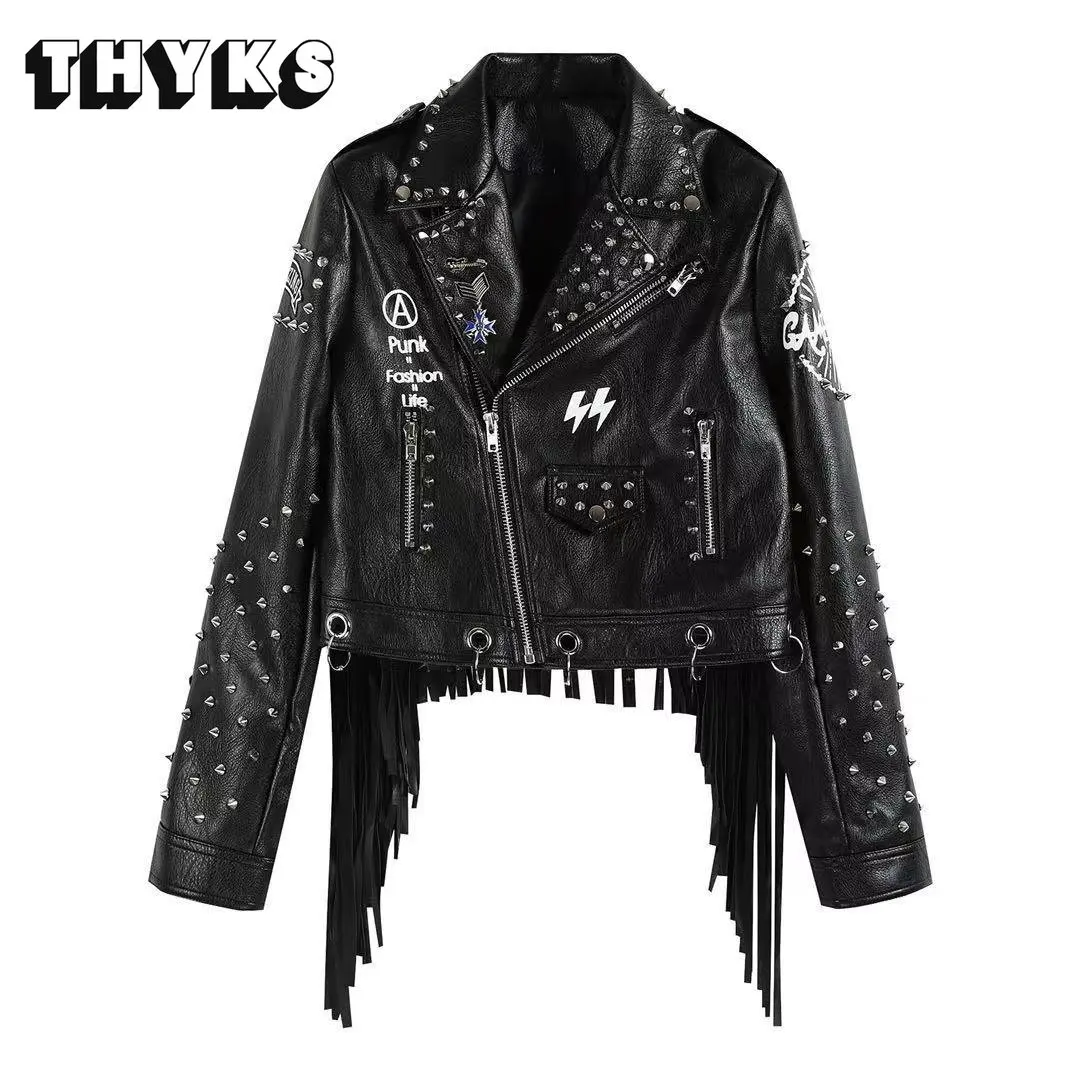 Womens Black Leather Tassel Pu Jacket Streetwear Rivets Punk Female Streetwear Graffiti Print Fringed Biker Leather Coat Female