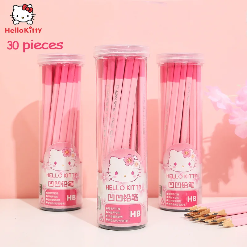 30pcs Sanrio Hello Kitty Wooden Pencil With Eraser Anime Children Hb Painting Pen Exam Writing Concave Pencil School Stationery