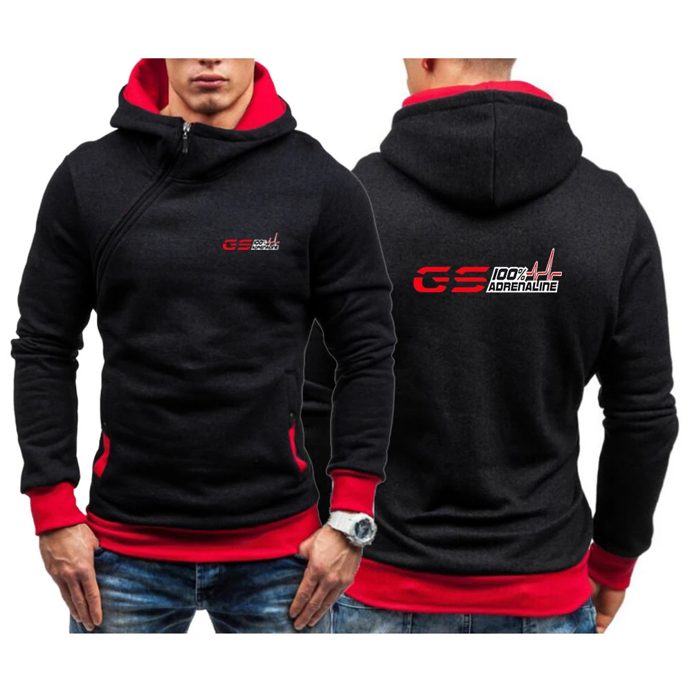 

2023 Spring Autumn GS Adrenaline Motorrad Biker Fan Logo Print Slim Fit Hooded Pullover Men's Diagonal Zip Design Cotton Hoodies