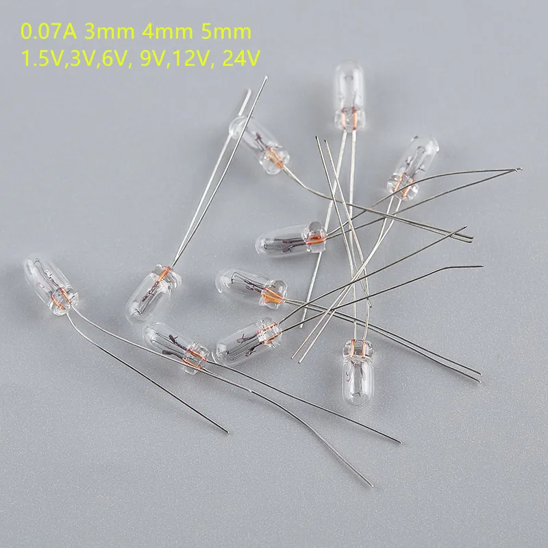 

10pcs Miniature 0.07A 3mm 4mm 5mm 1.5V,3V,6V, 9V,12V, 24V Lamp Light Bulb Edison Incandescent Filament Rice