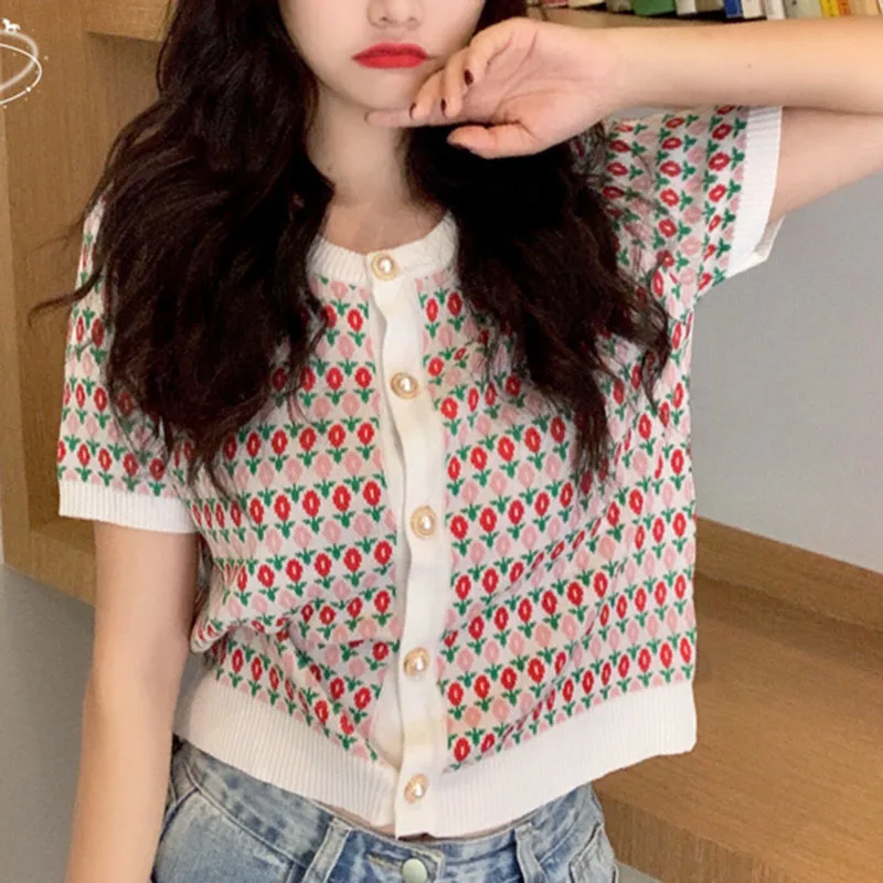 

Women Summer Fashion Single Breasted Printed Elastic Knitted Sweater 2021 Women Short Sleeve Sweet All-Match Thin New Tops Lady