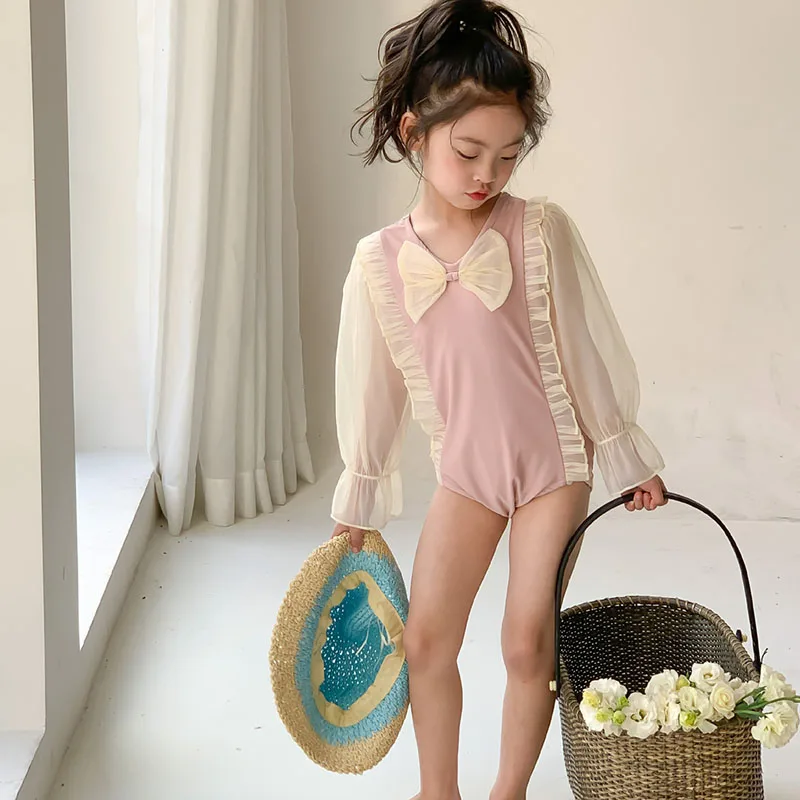 

Купальник для девочек цельный кружевной с длинными рукавами Быстросохнущий Купальник для девочек милый купальник в Корейском стиле для принцессы 4-87