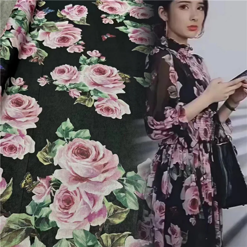 

Brand Pattern Black Background Pink Rose Printed Georgette Silk Fabric Luxury Dress Sewing Designer Tulle Fabric Tissu Au Metre