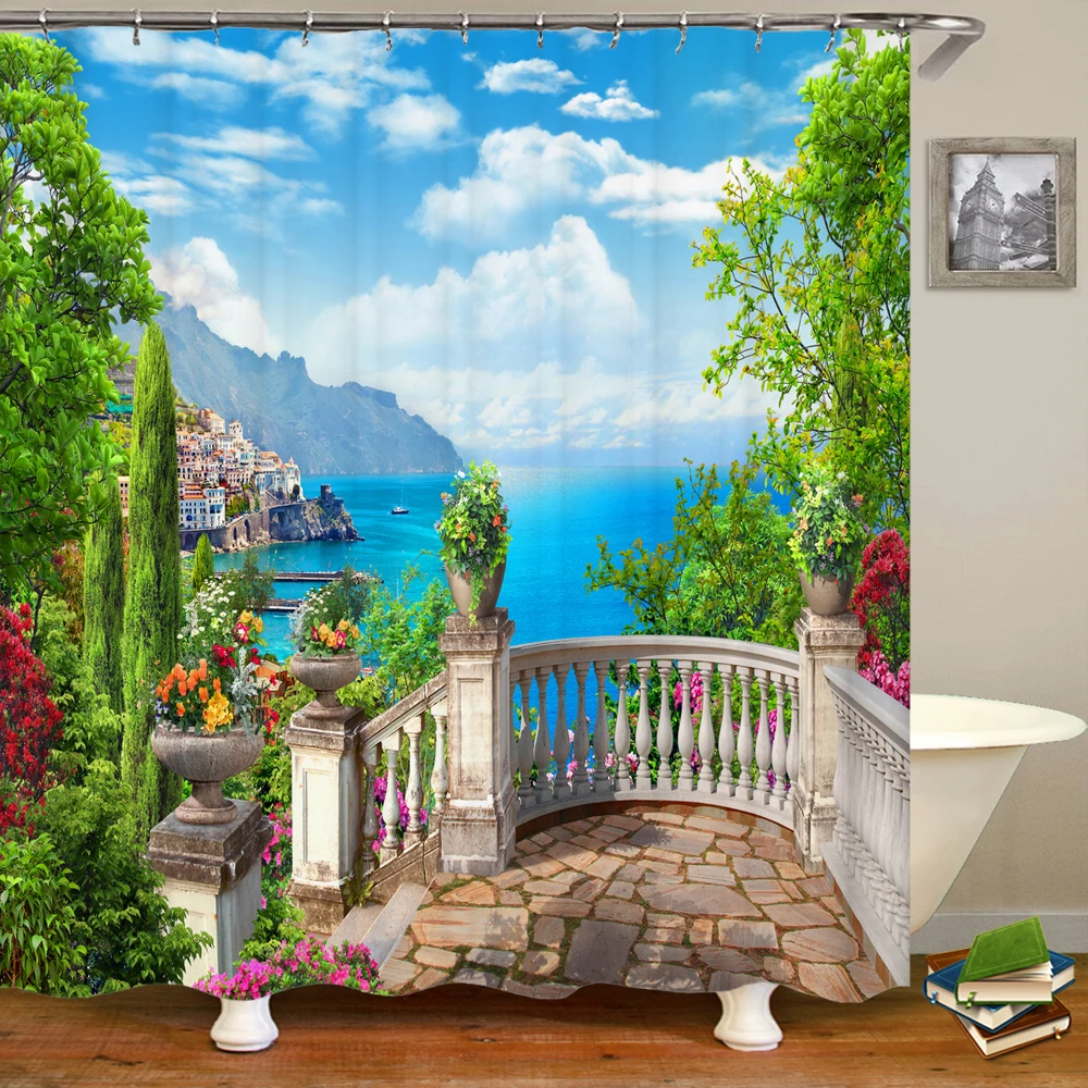 

Seaside Garden Town Scenery Printed Shower Curtain Waterproof Bathroom Shower Curtain With Hooks Polyester Bath Curtains Decor