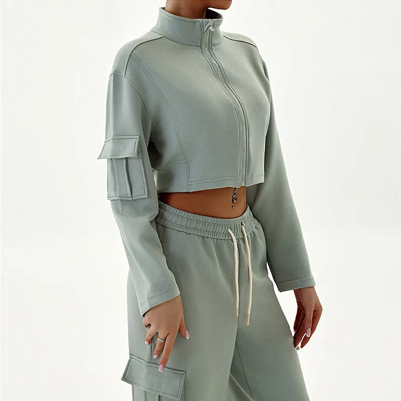 Женский спортивный топ с воротником-стойкой и карманом осенняя свободная куртка