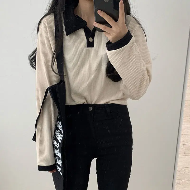 Свитшот женский с отложным воротником лоскутный удобный топ для отдыха одежда